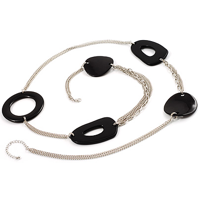 Long Black Oval Resin Bead Costume Necklace In Silver Plated Metal - 108cm L - main view