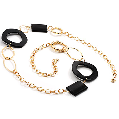 Statement Long Black Resin Fashion Necklace In Gold Plated Metal - 90cm L - main view