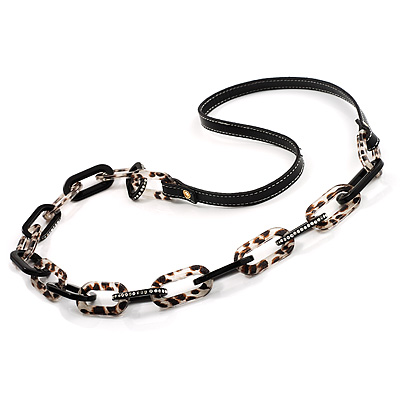 Long Black Leather Cord Crystal Perspex Link Fashion Necklace