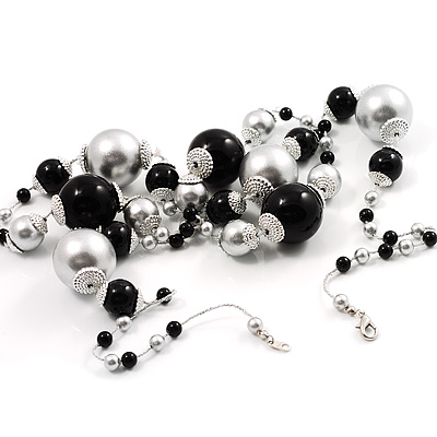 Long Large Black&Glittering Silver  Plastic Ball Costume Necklace - main view