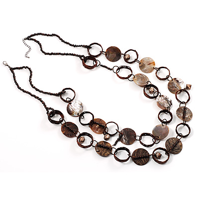Boho Chic Brown Beige Two Strand Shell Disk Fashion Necklace - main view