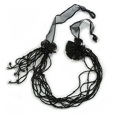 Long Black Glass Bead Floral Organza Necklace - main view