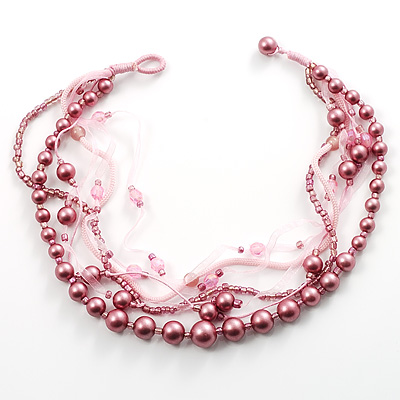 7-Tier Simulated Pearl & Pink Sparkle Cord Necklace - main view
