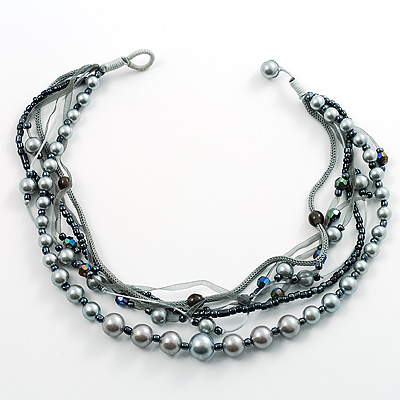 7-Tier Simulated Pearl & Ash Grey Sparkle Cord Necklace - main view