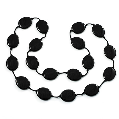 Long Plastic Flat Oval Bead Jet Black Necklace - main view