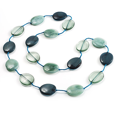 Long Plastic Flat Oval Bead Teal Necklace - 108cm L - main view