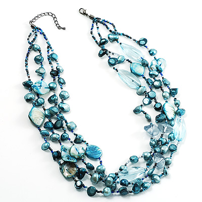 4 Strand Shell Necklace (Teal & Light Blue) - main view