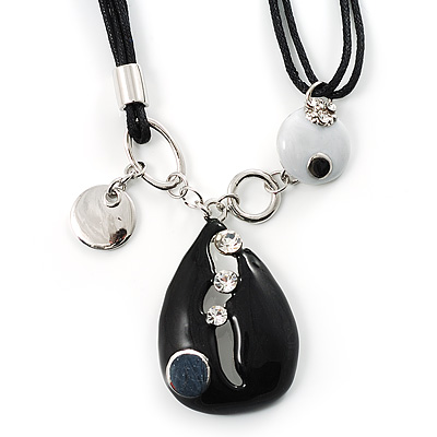 Black Enamel Teardrop Crystal Cord Pendant Necklace - main view