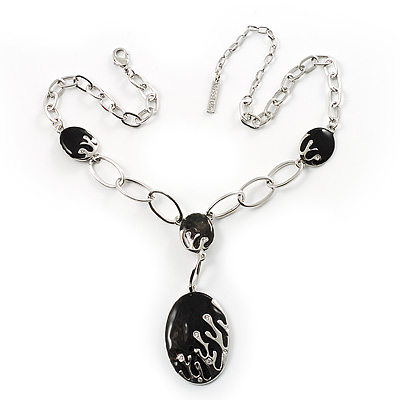 Rhodium Plated Oval Link Enamel Y-Necklace (Black) - main view