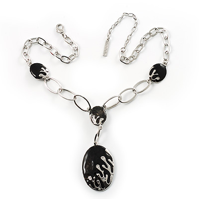 Rhodium Plated Oval Link Enamel Y-Necklace (Black)