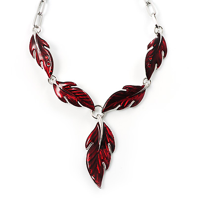Red Enamel Leaf Necklace (Silver Tone) - main view