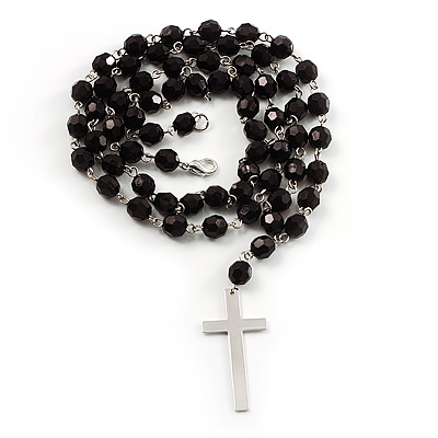 Long Black Bead Cross Necklace - main view