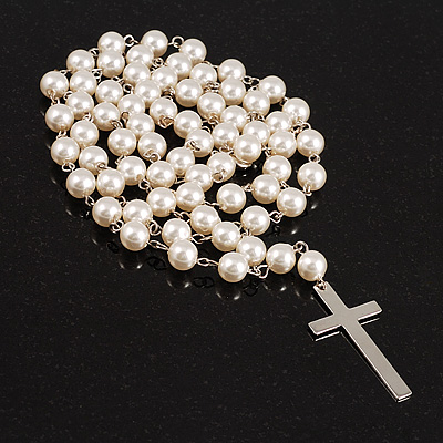 Long Imitation Pearl Cross Necklace (Snow White) - main view