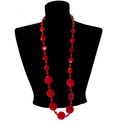 Long Red Plastic Bead & Disk Fashion Necklace - main view