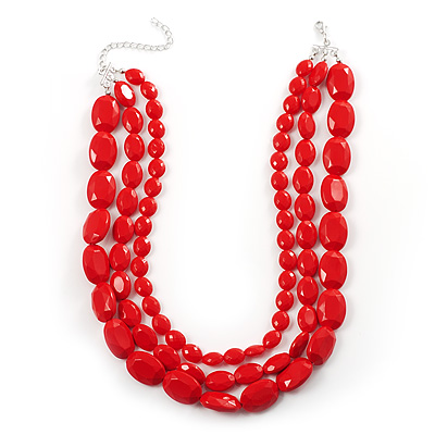 Multi Strand Red Plastic Faceted Bead Necklace - main view