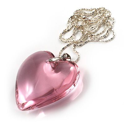 Long Pink Glass Heart Pendant (Silver Tone) - main view
