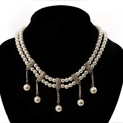 2 Strand Faux Pearl Bridal Diamante Choker Necklace (Silver Tone)