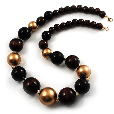 Long Wooden And Acrylic Bead Necklace (Brown, Black And Gold) - main view