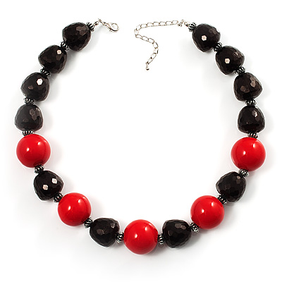 Black&Red Resin Beaded Choker Necklace (Silver Tone) - main view