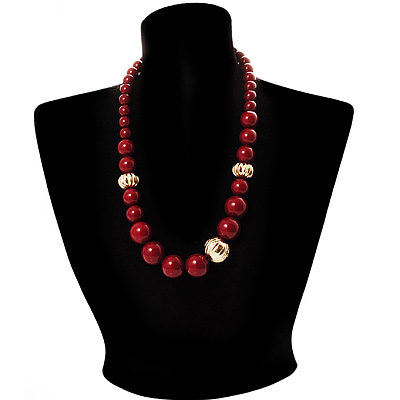 Long Chunky Burgundy Resin Bead Necklace (Gold Tone) - main view