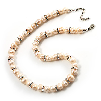 Light Cream Freshwater Pearl Necklace With Crystal Rings (8mm) - main view