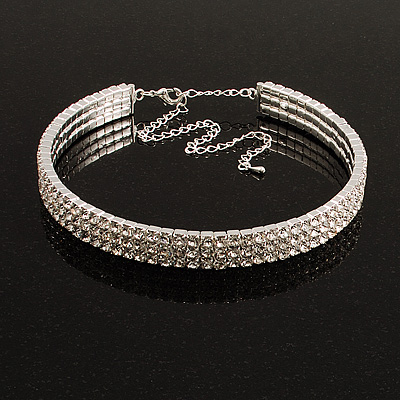 3-Row Austrian Crystal Choker Necklace (Silver&Clear)