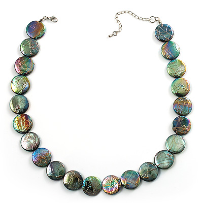 Lustrous Olive Golden-Green Colourful Shell Disk Necklace On Cotton Tread - main view