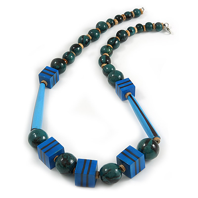 Long Chunky Teal Blue Wooden Geometric Necklace - 70cm - main view