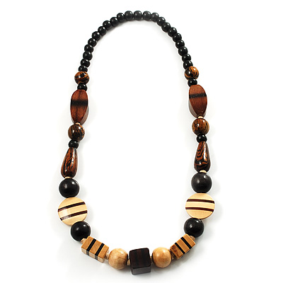 Chunky Geometric Wooden Bead Necklace (Black, Brown And Cream) - 74cm L