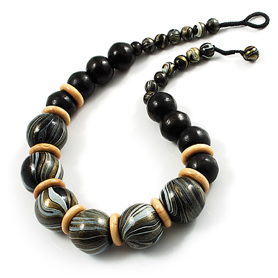 Chunky Colour Fusion Wood Bead Necklace (Black, Gold & White) - 46cm Length