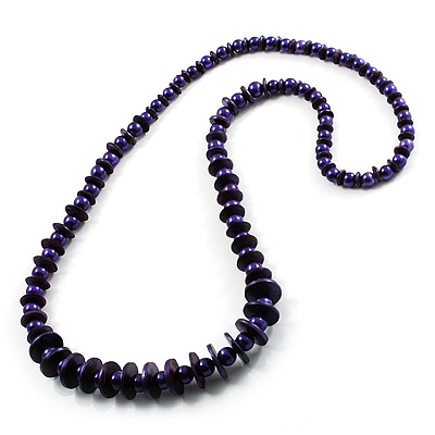 Long Bead & Button Wood Graduated Necklace (Purple) - main view