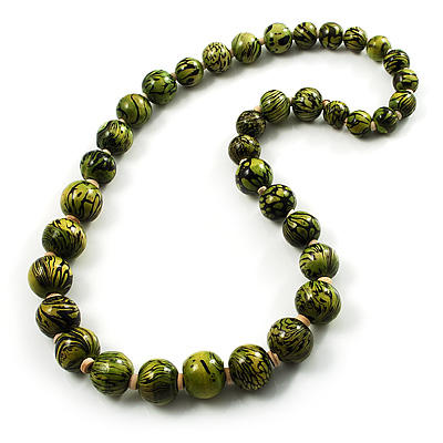 Animal Print Wooden Bead Necklace (Grass Green & Black) - 76cm L - main view