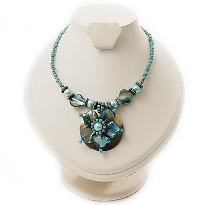 Turquoise Coloured Glass, Shell & Mother of Pearl Floral Choker Necklace (Silver Tone) - main view