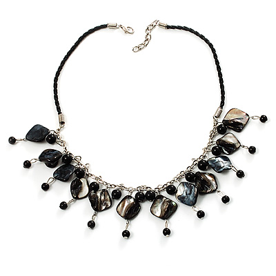Black Shell Composite Charm Leather Style Necklace (Silver Tone)