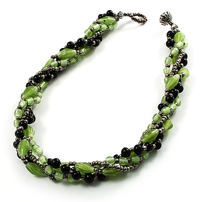 4 Strand Twisted Glass And Ceramic Choker Necklace (Black, Green & Metallic Silver) - 50cm L - main view