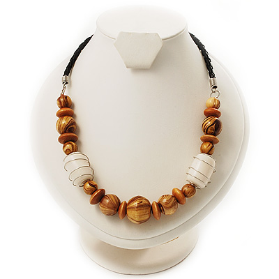 Wooden Bead Leather Style Cord Necklace (Light Brown & Golden) - main view