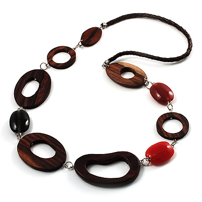 Wood Link & Glass Nugget Leather Style Necklace (Dark Brown, Dark Orange & Black) - 70cm L - main view
