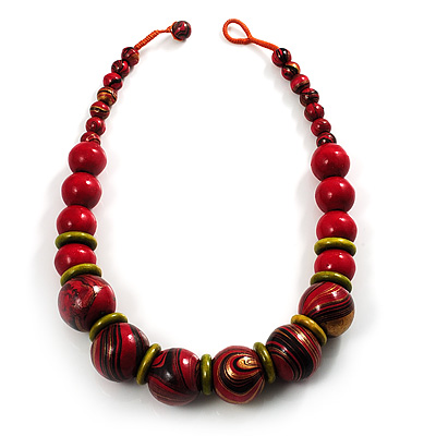 Chunky Colour Fusion Wood Bead Necklace (Cranberry Red, Gold, Light Green & Black) - 48cm L - main view