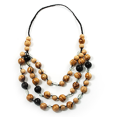 Long Layered Beige Brown Wood Bead Cotton Cord Necklace -90cm Length - main view