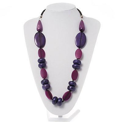 Purple Wood Bead Black Faux Leather Necklace - 76cm L