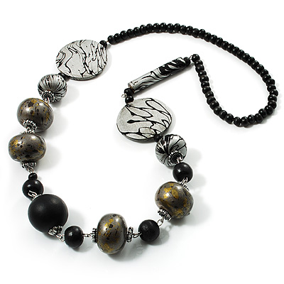 Stylish Animal Print Wooden Bead Necklace (Grey & Black) - 70cm L - main view