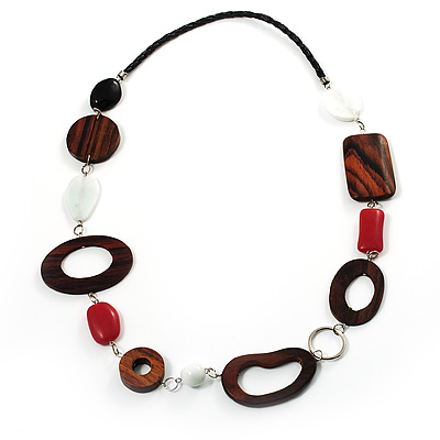 Wood & Silver Tone Metal Link Leather Style Long Necklace (Dark Brown, Coral, Black & White) - 76cm L - main view