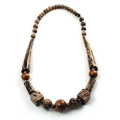 Animal Print Chunky Wood Bead Long Necklace (Cream, Black & Antique Silver) - 68cm L
