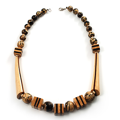 Long Chunky Wooden Geometric Necklace (Brown & Beige) - 60cm Length - main view