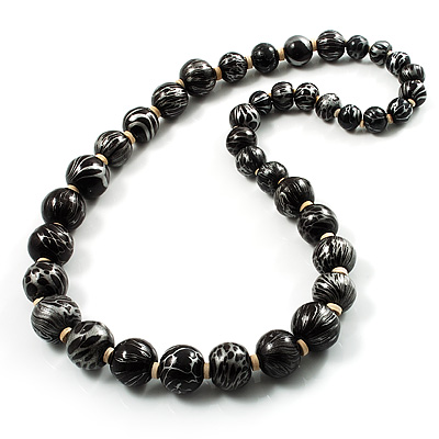 Animal Print Wooden Bead Necklace (Black & Metallic Silver) - 68cm Length - main view