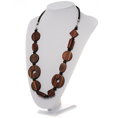 Long Geometric Wooden Link Leather Style Necklace (Dark Brown & Black) - 70cm - main view