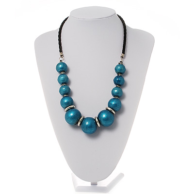Glittering Teal Wood Bead Leather Cord Necklace