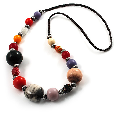 Long Resin & Ceramic Bead Cotton Cord Necklace (Multicoloured) - 70cm L - main view