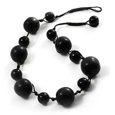 Chunky Black Ceramic & Resin Bead Cotton Cord Necklace - 52cm L - main view
