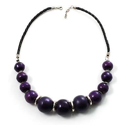 Glittering Purple Wood Bead Leather Cord Necklace (Silver Tone) - main view